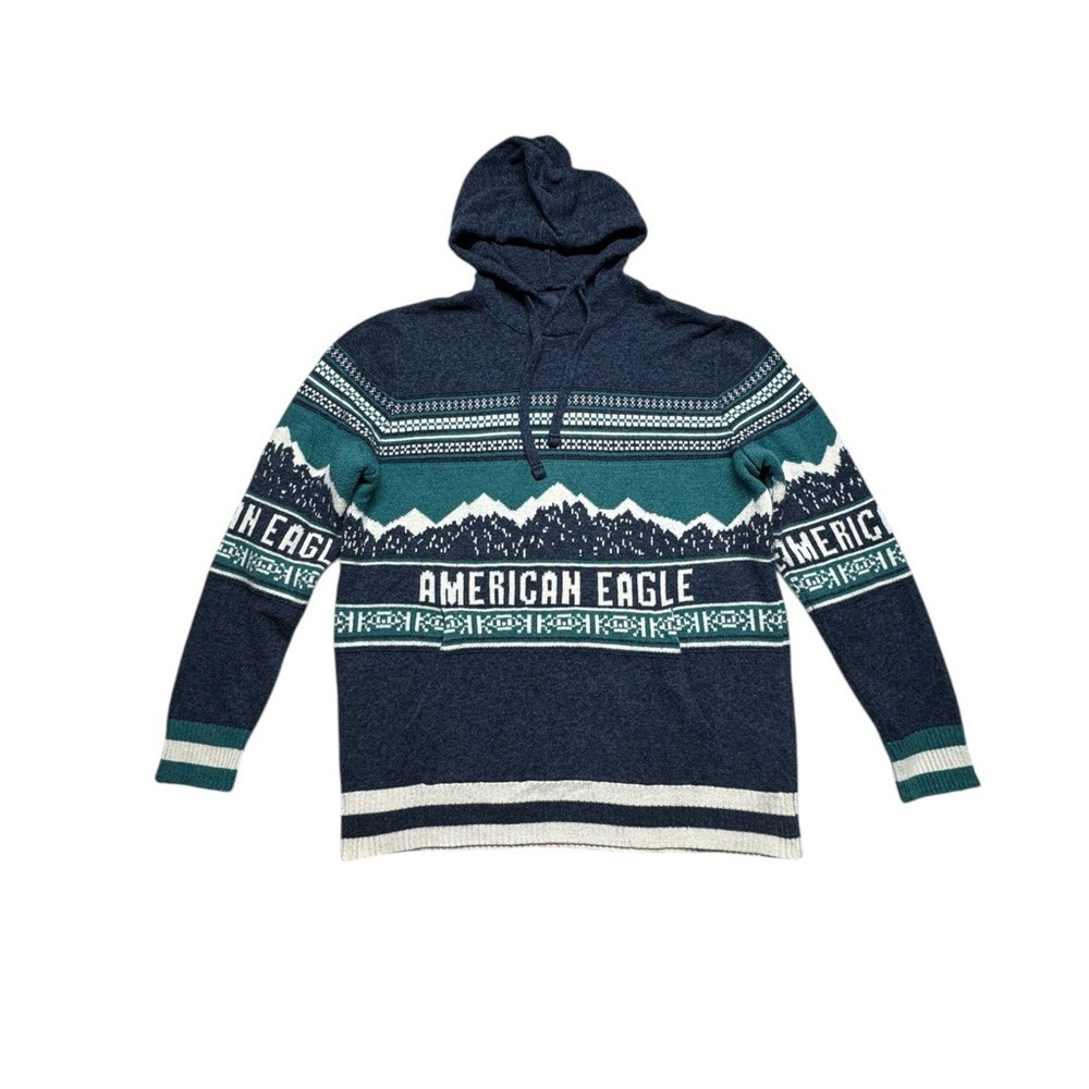 American Eagle Hooded Knit Sweater Mens Wool Blend Nordic Mountain Size‎ Large